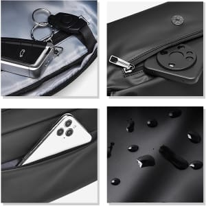 A black fanny pack features a keychain, a slot for a phone, and shows water droplets on the surface. It has a logo present.