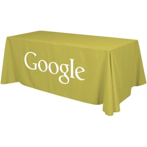 A green 3-sided throw tablecloth for a 6ft table, featuring a logo.