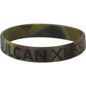 A marble-coloured silicon wristband in green and black, featuring a logo and alphanumeric design.
