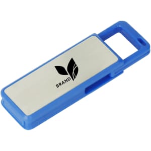 A blue flash drive with a silver panel and a logo, featuring a click action mechanism.