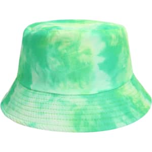 A tie dye bucket hat in various shades of green, featuring a yellowish accent. It has a branding logo on it.
