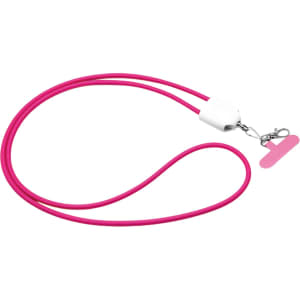 A pink 4-in-1 charging phone lanyard with a white attachment and a clip for secure holding.