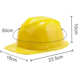 A yellow Mini PVC construction hat with a shiny finish, measuring 50 cm in circumference and 10 cm in height.