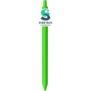 A custom acrylic pen in vibrant green, featuring a logo at the top.
