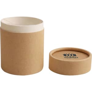 A medium brown paper cylinder box with a removable lid, featuring a light interior and a logo on the base.