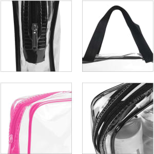 A clear toiletry bag with pink and black accents, featuring zippers and a black strap. Includes various interior items.