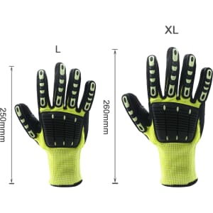 Heavy-duty safety work gloves in yellow and black, featuring reinforced thumb web and varying sizes indicated.