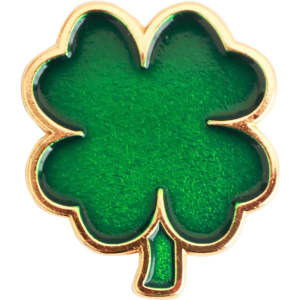 A green soft enamel golf ball marker shaped like a four-leaf clover with a gold outline.