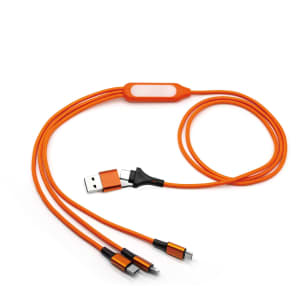 An orange 6-in-1 charging cable with multiple connectors and a USB end, featuring a small logo on the body.