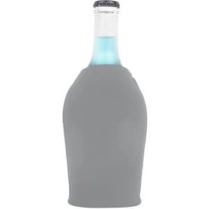 A drink bottle in a grey short bottle cooler with a zipper, featuring a branding logo.