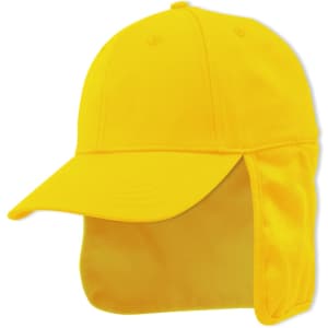 A bright yellow cap with a neck flap and a logo, designed for sun protection and outdoor activities.