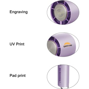 A high-speed cooling fan in purple featuring engraving, UV print, and pad print details. It includes a logo.