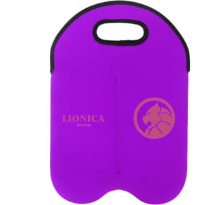 A drink bottle cooler in purple with a handle and a logo on the front. It has a dual bottle capacity design.