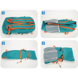 A packable hiking backpack in teal with orange accents, displayed in four stages of folding and packing.