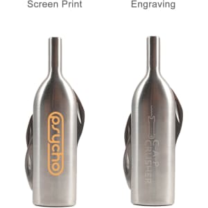 A drink bottle opener in stainless steel with a sleek design and a logo on the side, featuring two different printing styles.