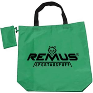A green foldaway shopping bag with a clip and a smaller pouch, featuring a logo.