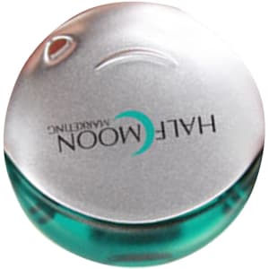 A round flash drive with a silver top and a turquoise base, featuring a logo on the top surface.