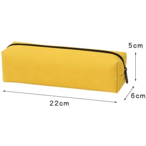 A yellow pencil case with a zip closure, featuring measurements of 22cm x 5cm x 6cm and a simple design.
