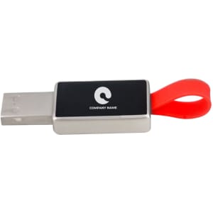 A silver flash drive with a black panel and a red rubber loop, featuring a logo on the front.