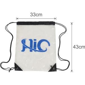 A clear PVC drawstring bag with black edges and a logo, measuring 33cm by 43cm.