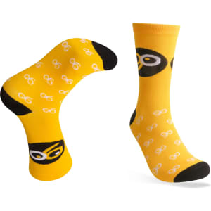 A pair of yellow bamboo socks with a playful glasses pattern and black accents. Featuring a logo on one sock.