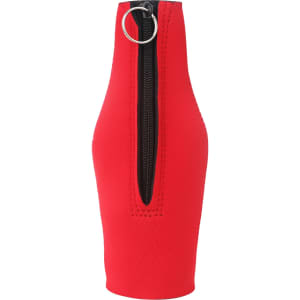 A drink bottle cooler in vibrant red with a zippered top and a metal ring for ease of handling.