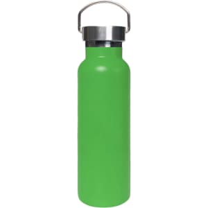 A drink bottle featuring a vibrant green finish and a stainless steel lid, equipped with a metal handle.