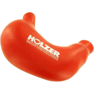 A red stomach-shaped stress reliever with a logo on it.