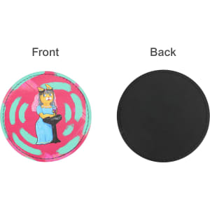 A round PU coaster featuring a colourful design on one side and a plain black back.