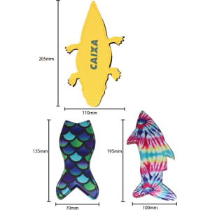 Three vibrant, coloured Icy Pole Holders: a yellow lizard, a blue fish scale pattern, and a tie-dye shark design.