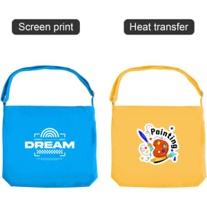 A blue canvas tote bag with a logo and a yellow tote featuring a graphic design, both with long straps.