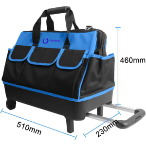 A wheeled tool bag in black and blue, featuring multiple pockets and a retractable handle, with dimensions indicated.