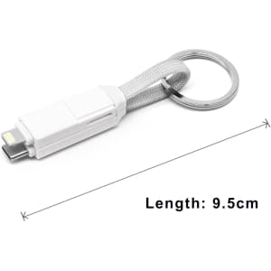 A white 3-in-1 charging cable with a keyring attached, measuring 9.5 cm in length.