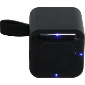 A black lighting cube Bluetooth speaker with a sleek design and blue indicator lights. It features a logo on its surface.