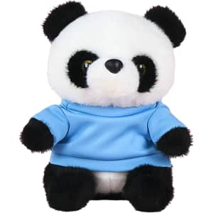 A plush toy panda with a black and white fur pattern, wearing a blue shirt, and has shiny eyes.