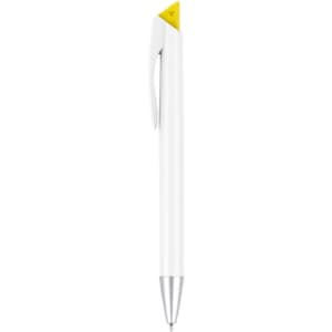 A pen featuring a white body with a yellow tip and a silver clip, displayed against a plain background.