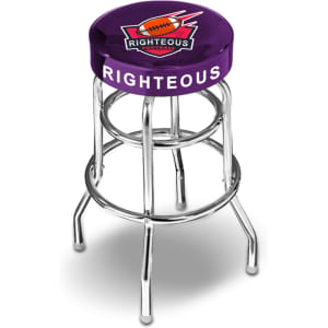 A custom barstool with a purple seat and chrome legs, featuring a logo on the cushion.