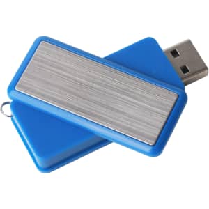 A blue 360 degree rotating flash drive with a metallic silver panel and a keyring attachment.