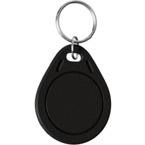 A black NFC keytag with a keyring attached, featuring a circular, smooth surface.