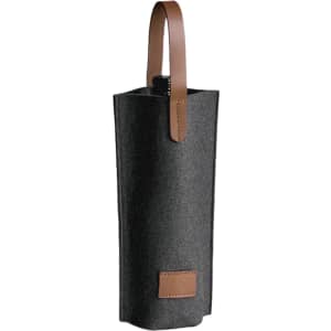 A drink bottle bag in dark grey felt with a brown leather handle and accent. It features a simple logo.