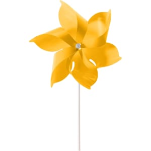 A yellow six-leaf pinwheel with a white stick base. It features a central pin for spinning.