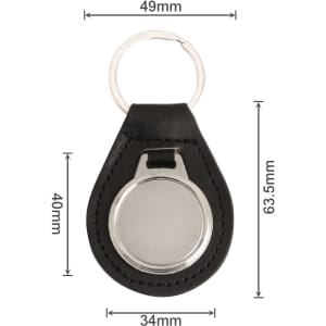 A PU leather keyring in black with a metal circular insert and dimensions displayed.