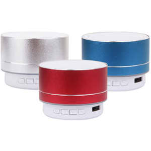 Three compact Bluetooth speakers in silver, red, and blue, featuring control buttons and a branding logo.