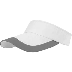 A white and grey sun visor with a curved brim and an adjustable strap, featuring a logo.