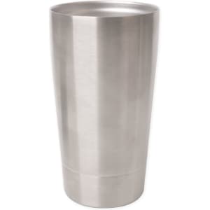 A drink bottle made of stainless steel in a sleek, brushed finish. It features a smooth, cylindrical design and a logo.