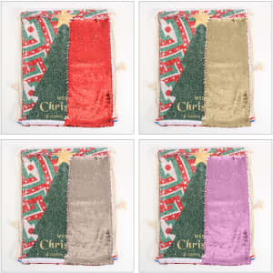 A sequin drawstring bag in four colour variations: red, gold, silver, and purple, featuring a festive Christmas design.
