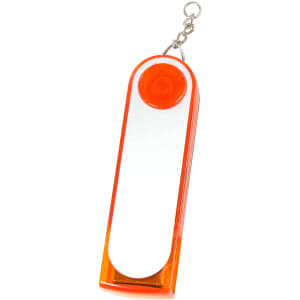 An orange and silver flash drive with a keychain attachment. It features a smooth surface and rounded edges.