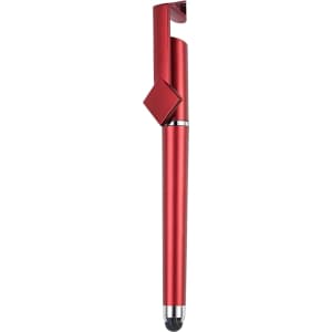 A red metal pen with a sleek design, featuring a clip and a stylus tip at the end. It has a logo on the body.