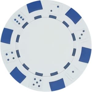 A circular poker chip in white with blue accents and markings, featuring a logo in the centre.