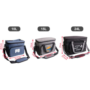 A range of cooler bags in blue, grey, and black, sized 10L, 15L, and 24L, each with a logo.